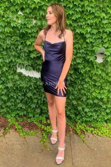 FannyWe Elegant Teal Green Cowl Neck Lace-Up Mini Cocktail Dress formal wear dresses